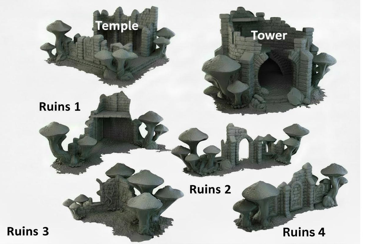 FungalWood Ruins, Jungle, Mushroom Wargaming Terrain. Fantasy Scenery, Suitable for Warhammer AoS, Age of Sigmar, Old world.