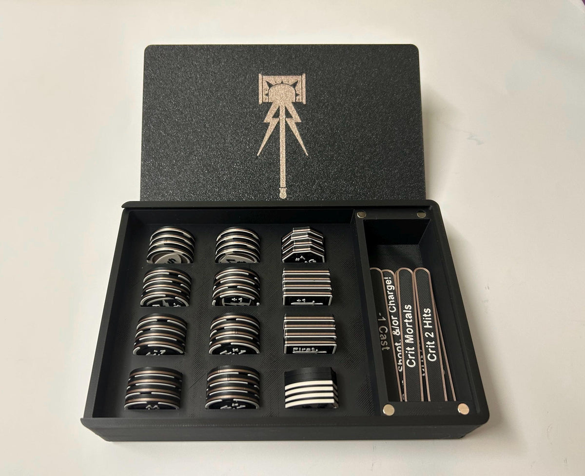 Personalised Wargaming Token set compatible with AoS; with sliding secure box.
